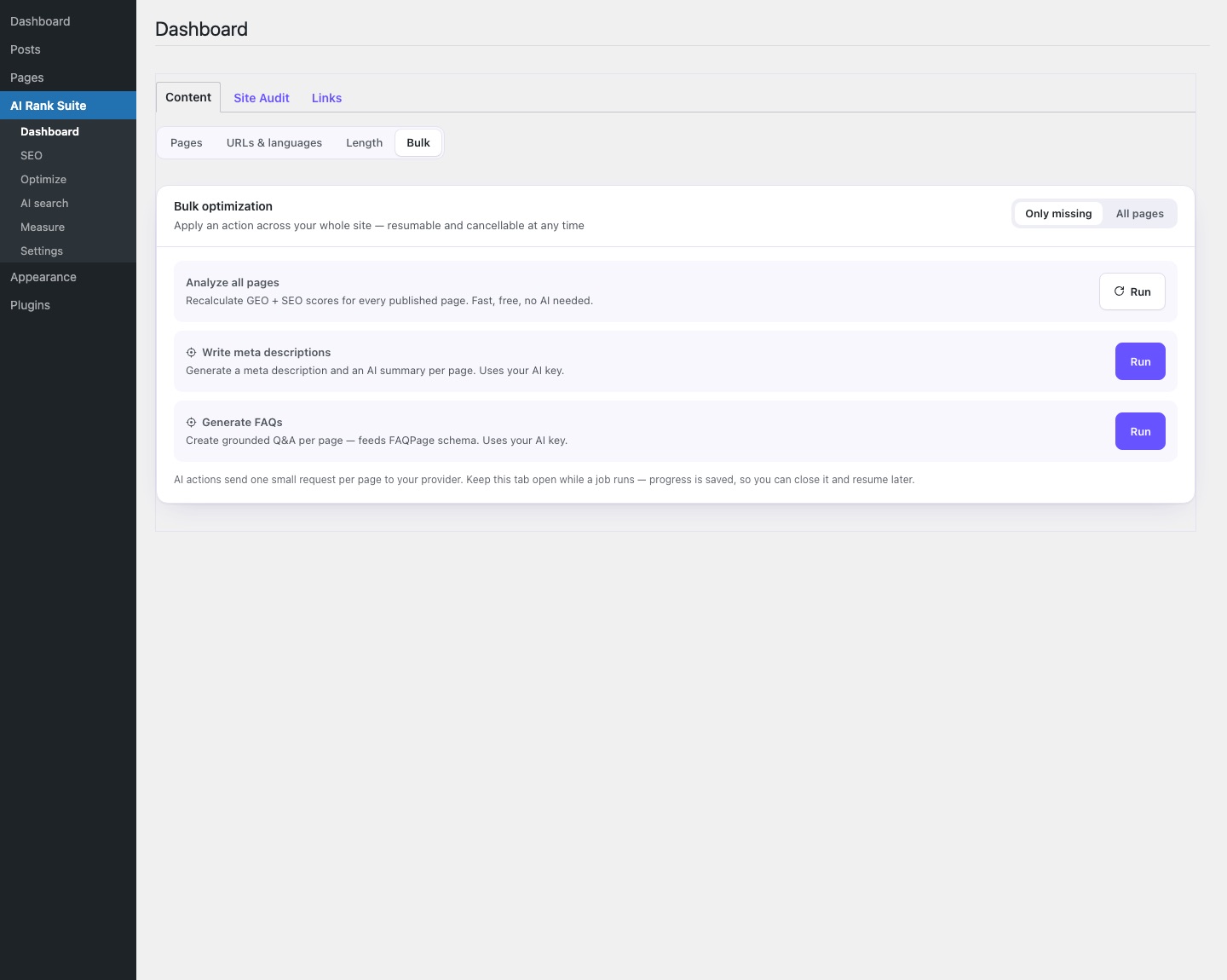 Bulk optimisation across the whole site